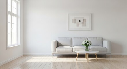 Fototapeta premium Living room interior with sofa, coffee table and flower bouquet