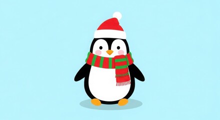 Obraz premium Cute penguin wearing santa hat and scarf on light blue background