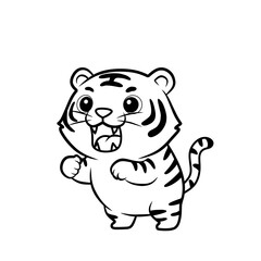 Black and white outline of a cute roaring tiger, ideal for coloring pages, children’s education, zoo illustration, and wildlife learning materials