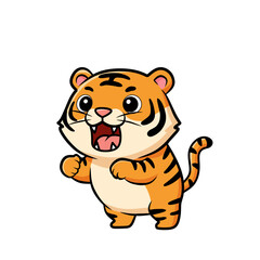 Cute cartoon tiger roaring with happy expression, perfect for children’s books, educational materials, stickers, and animal-themed design projects