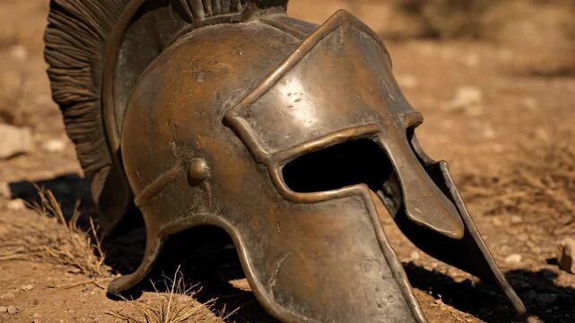 Low angle view of ancient hoplite helmet on sandy ground with passing soldier shadow. Bronze crested warrior armor in historical reenactment. Ancient greek military concept footage.