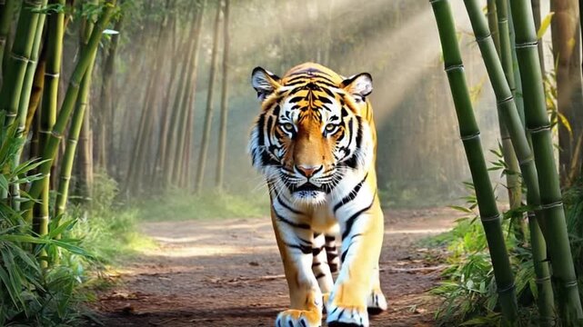 A tiger stands in a bamboo forest looking directly at the viewer with a dirt path behind it tiger video