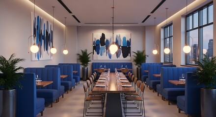 The picture shows a beautiful natural landscape with green hills and a clear blue sky. In the middle of the field, a group of deer is grazing peacefully. Tall trees surround the area, and a small rive