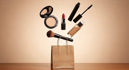 Dynamic Burst of Cosmetics - Makeup Essentials Levitating from a Paper Shopping Bag.