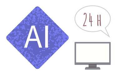 Purple diamond AI element, 24 H speech bubble, and monitor screen. Ideal for technology, automation, communication, innovation, digital transformation efficiency and futuristic design. Simple flat