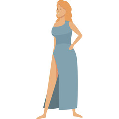 Blonde Woman Wearing Blue Dress With High Slit Standing On Transparent Background With Soft Lighting