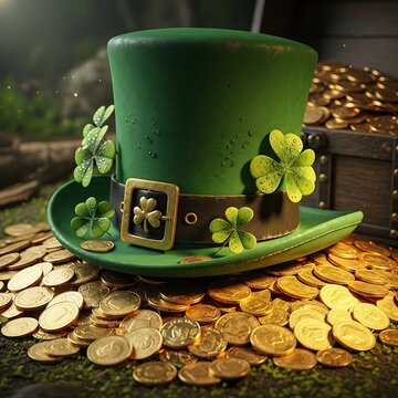 The picture shows a beautiful natural landscape with green hills and a clear blue sky. In the middle of the field, a group of deer is grazing peacefully. Tall trees surround the area, and a small rive