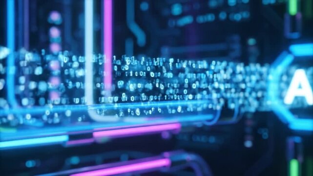 Vibrant neon lights create abstract background showcasing digital technology, binary code, and data flow, illuminating futuristic design with glowing lines and intricate patterns