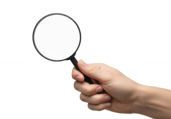 Hand holding magnifying glass black background lens isolated on a transparent background
