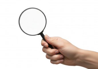 Hand holding magnifying glass black background lens isolated on a transparent background