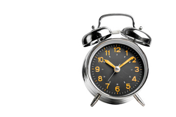 Vintage silver alarm clock with yellow hands on black background time retro, Isolated On Transparent Background, Png Cut Out