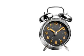 Vintage silver alarm clock with yellow hands on black background time retro, Isolated On Transparent Background, Png Cut Out