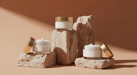 Minimalist Skincare Product Display - Cream Jars on Textured Stone with Warm Lighting.
