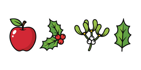 Winter apples and holly berries, mistletoe and leaves. Christmas fruits, ilex icon. Xmas holiday plants, sprig branches. American and European autumn traditions set against a background.