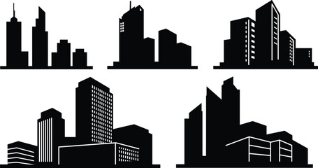 Fototapeta premium Modern city building silhouettes collection, urban skyscraper skyline vector illustration for real estate, architecture, construction, and city design