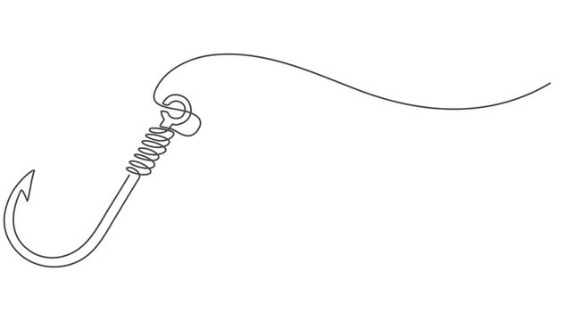 Self drawing line animation fishing hook continuous line drawn concept video, Continuous outline of a Fishing hook, minimalist pro vector illustration line, Full length one line animation, 4K video.