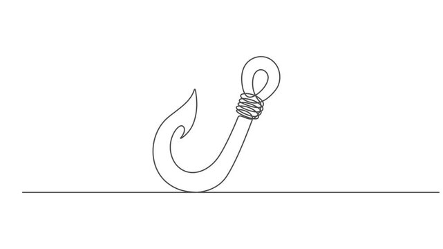 Self drawing line animation fishing hook continuous line drawn concept video, Continuous outline of a Fishing hook, minimalist pro vector illustration line, Full length one line animation, 4K video.