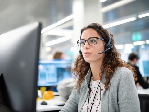 Professional Assistance: A focused customer service representative attentively assists a client using a headset, showcasing expertise, communication, and customer care.