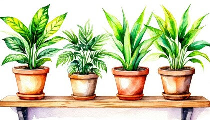 Fototapeta premium Watercolor illustration displaying various potted houseplants on a wooden shelf, creating a vibrant interior decoration and natural living space sticker concept home decor and wall art