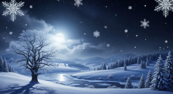 Winter night landscape with snow covered trees and snowflakes - Powered by Adobe