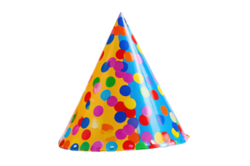 Bright yellow blue party hat with multicolored polka dots on black background birthday celebration, Isolated On Transparent Background, Png Cut Out
