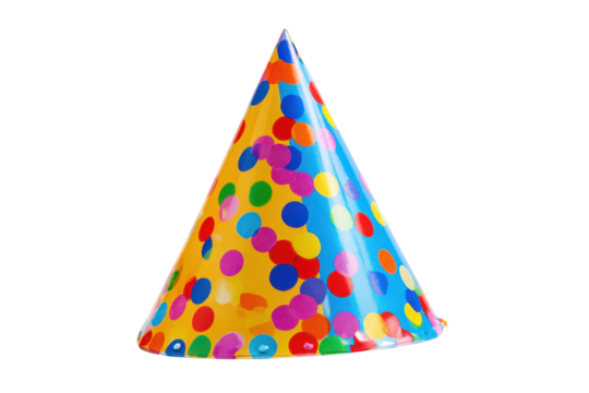 Bright yellow blue party hat with multicolored polka dots on black background birthday celebration, Isolated On Transparent Background, Png Cut Out