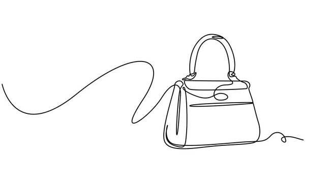 Animated self drawing of continuous line draw Lady's hand bag. Women's bag. Full length one line animation. 4K, concept single line hand draw minimalist animation video, Elegant fashion woman leather.