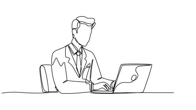Continuous line drawing animation of a man sitting in front of laptop, A man with a laptop. Self-drawing a simple animation of one continuous drawing of one line, Full length one line animation 4K.