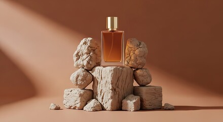 Luxury Amber Perfume Bottle on Natural Stone Podium with Warm Diagonal Shadow.