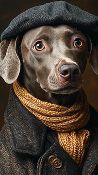 Ultra-realistic portrait, in the style of the art of headshot photography, a dog is dressed wearing hat