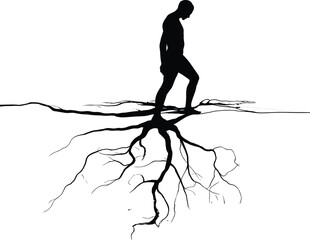 Silhouette of a man connected to deep roots underground, symbolic black and white illustration representing growth, strength, and self-discovery