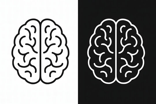 A minimalist outline illustration of a human brain, presented on opposing black and white backgrounds - Powered by Adobe