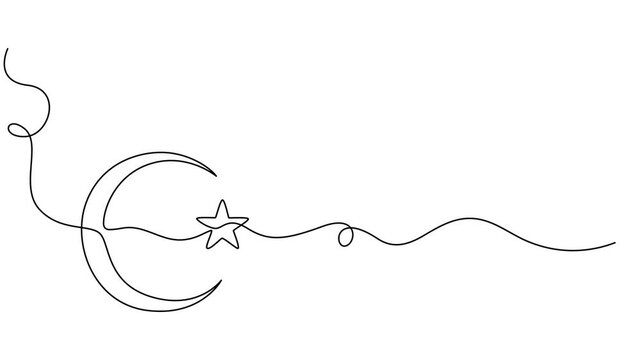 Self drawing line animation Star and moon Islamic design continuous one single line drawn concept video, Video. Line drawing of moon with star. Muslim symbol in style of Full length one line animation