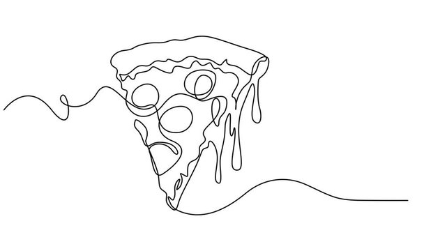 Animated self drawing of continuous line draw of pizza. Full length one line animation. 4K, slice pizza isolated animation continuous one line drawing, Italian pizzeria logotype. Tasty. National Pizza