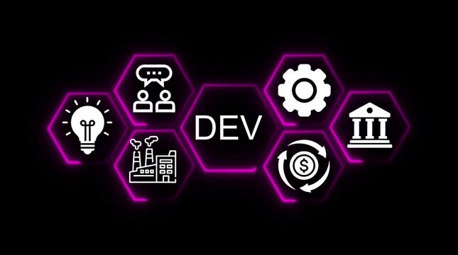 Digital transformation concept with glowing neon hexagons showing business development idea generation industry finance and communication icons on black background