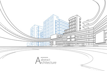 Abstract modern urban landscape line drawing, imaginative architecture building construction perspective design.