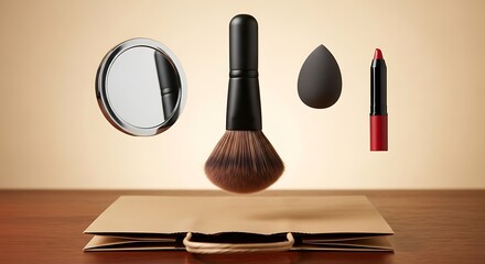Levitating Makeup Essentials - Powder Brush, Sponge, Lipstick, and Mirror Above Bag.