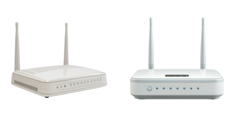 Wireless router isolated on white background with antennas and network equipment