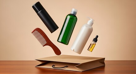 Levitating Haircare Products - Shampoo, Comb, Serum, and Spray Above Paper Bag.