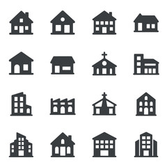 Collection of diverse building icons representing houses churches and commercial structures