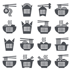 Collection of stylized icons representing noodle dishes and takeout containers