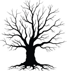 Detailed black and white illustration of a leafless tree with strong branches and roots, symbolizing resilience, nature, and life balance