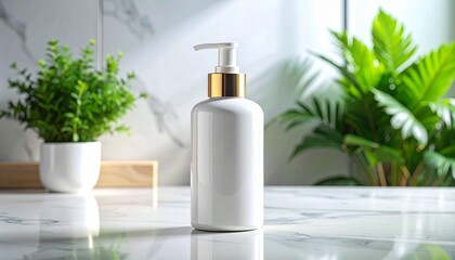 Elegant White Pump Bottle on Marble Countertop with Plants for Spa and Wellness
