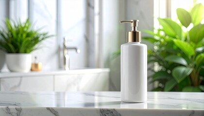 Fototapeta premium Elegant White and Gold Soap Dispenser on Marble Counter in Modern Bathroom
