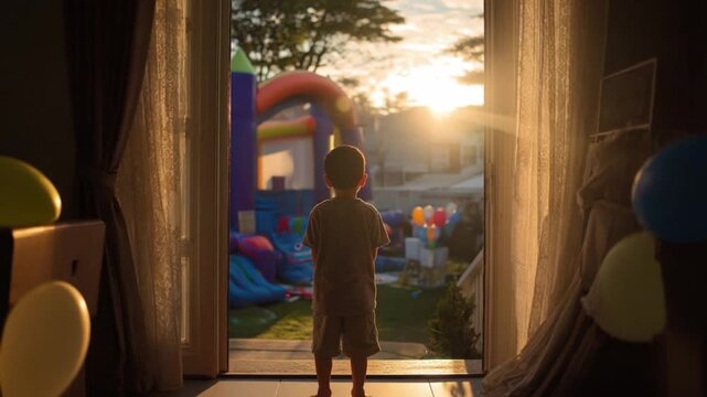 A young boy's gaze: A boy stands at the threshold of the house, gazing toward the vibrant outdoor gathering, framed by the warm glow of the setting sun, evoking a sense of wonder and anticipation.