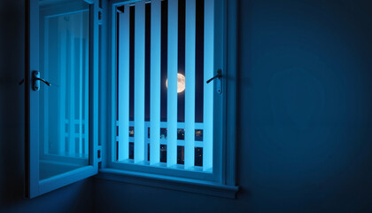 Fototapeta premium Moonlight filtering through blinds in urban apartment at night, serenity