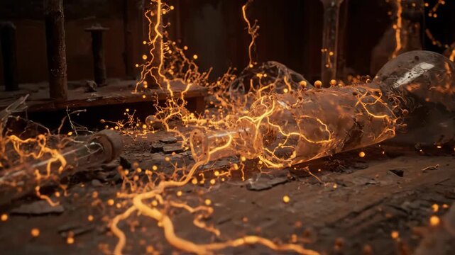 Ruined laboratory overtaken by glowing orange tendrils. Energy growth spreading across lab equipment and surfaces. Abandoned science facility destruction animation.