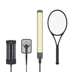 Collection of lighting equipment and tennis racket against a white background