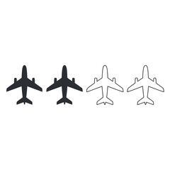 Four stylized airplanes in black and white outlines and silhouettes