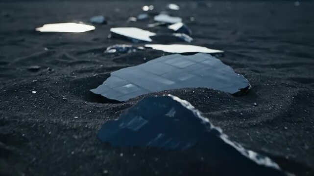 Slow dolly past obsidian shards half buried in volcanic ash. Shiny surfaces glimmering like glass in dark ground. Geological volcanic landscape exploration footage.